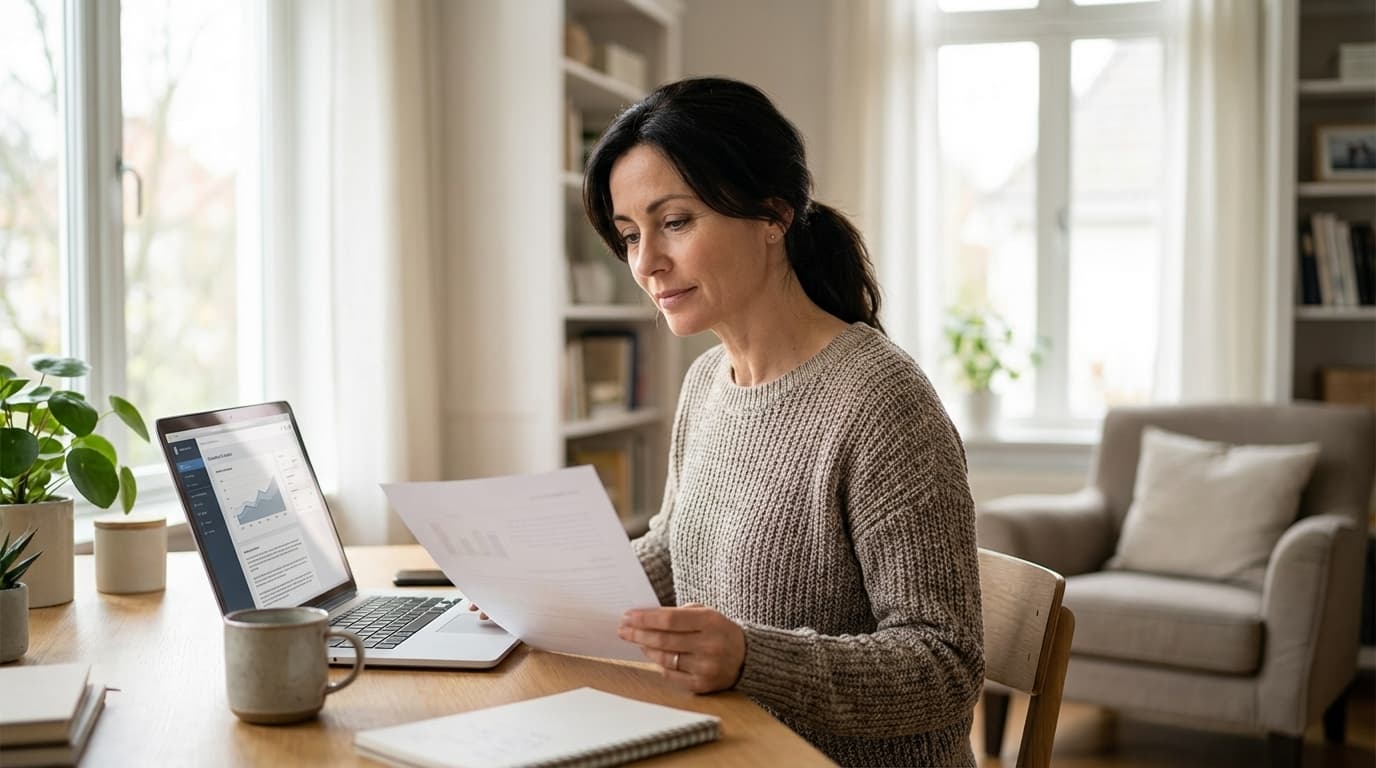 Woman reviewing her MyMenopause Report on laptop