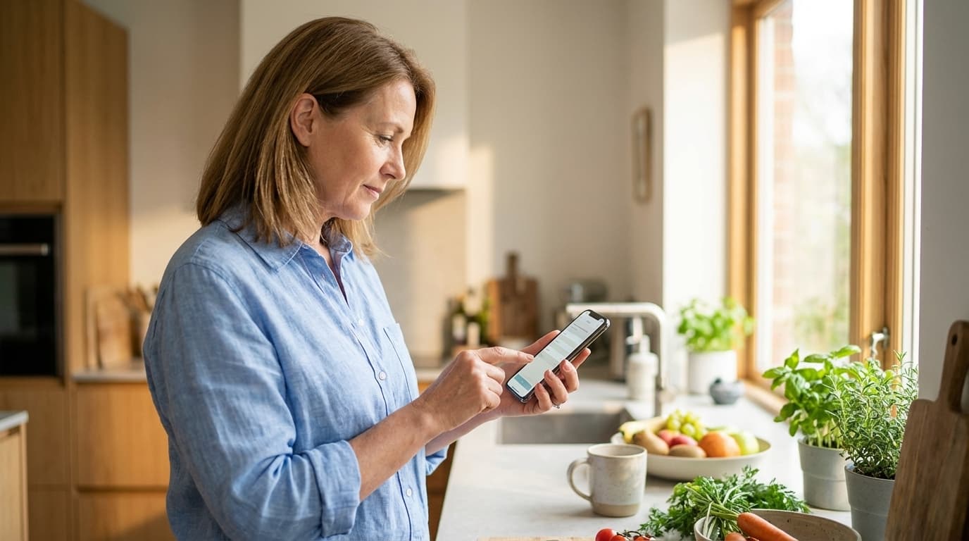 Woman completing menopause questionnaire on phone